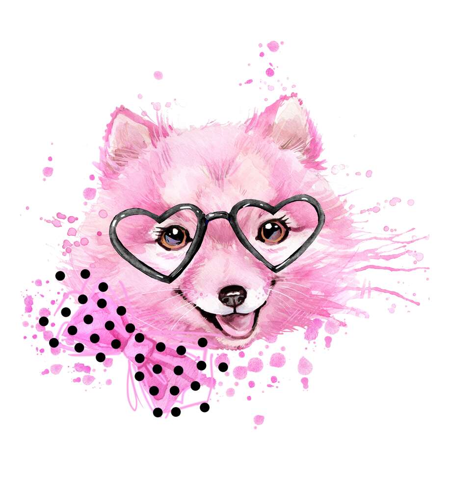 картина-постер Пушистая мордашка розовой собаки в очках и с бантиком на шее