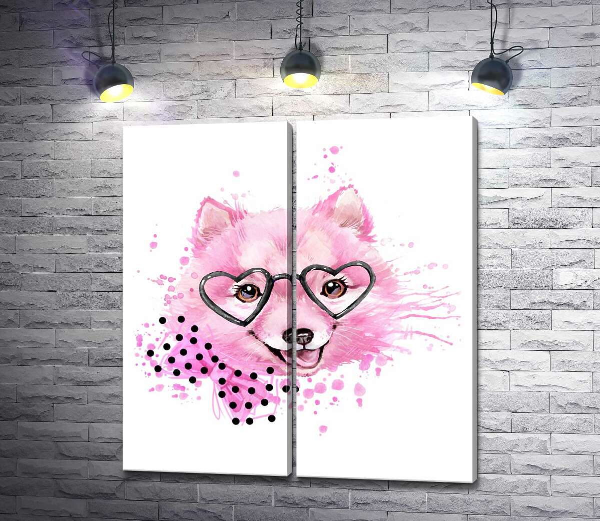 модульная картина Пушистая мордашка розовой собаки в очках и с бантиком на шее
