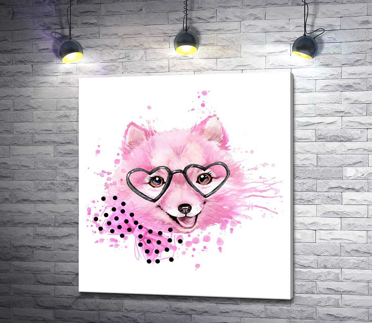 картина Пушистая мордашка розовой собаки в очках и с бантиком на шее