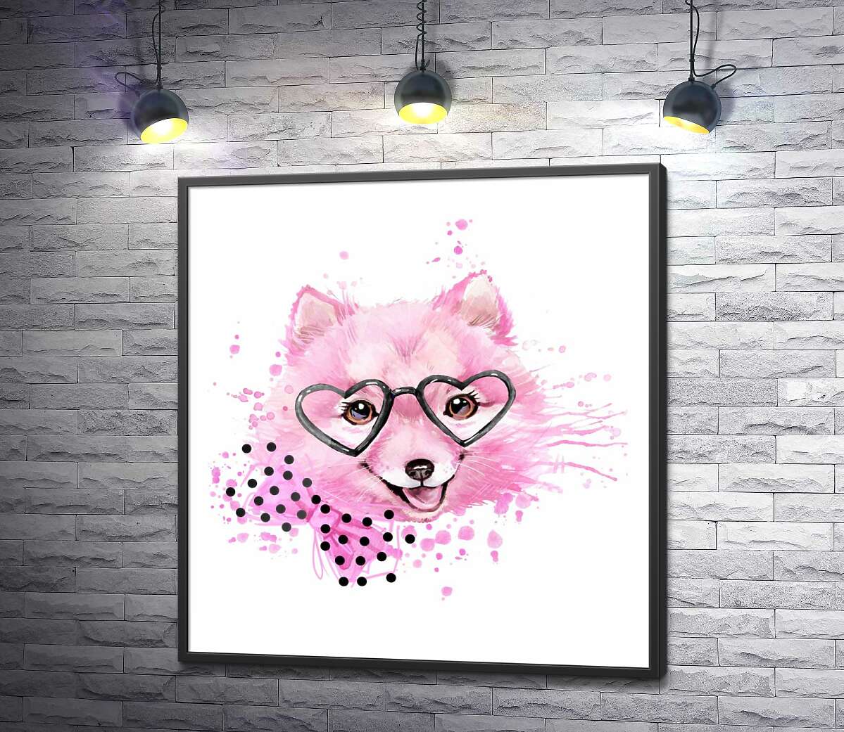 постер Пушистая мордашка розовой собаки в очках и с бантиком на шее