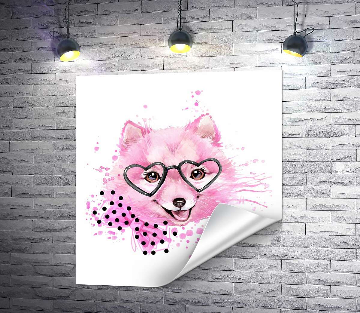 друк Пухнаста мордочка рожевої собаки в окулярах та з бантиком на шиї