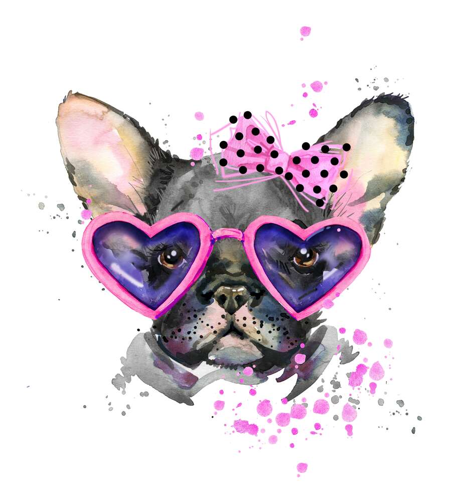 картина-постер Черный французский бульдог с розовым бантом на голове и в очках-сердечках