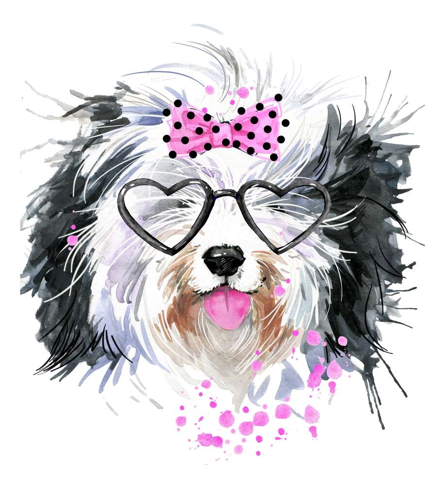 картина-постер Чорно-біла собака в окулярах та з бантиком
