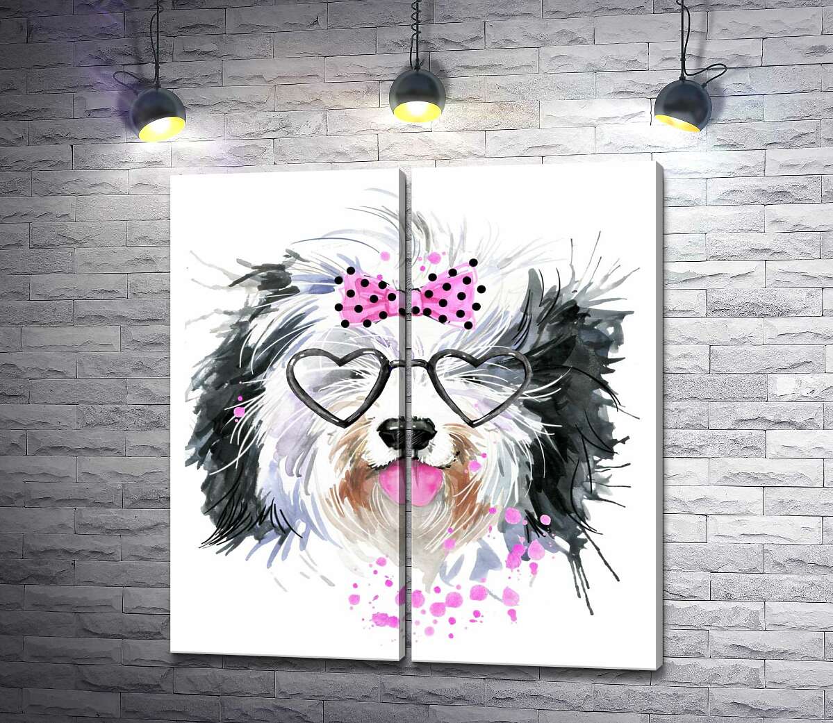 модульная картина Черно-белая собака в очках и с бантиком