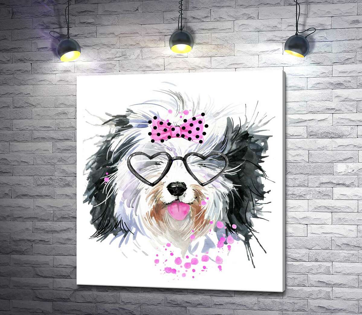 картина Чорно-біла собака в окулярах та з бантиком