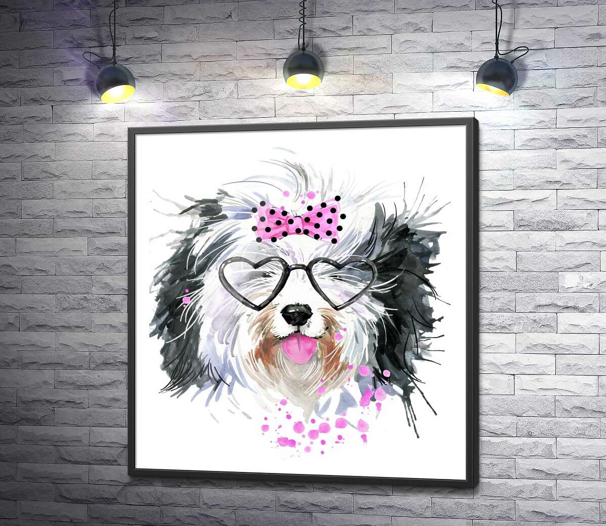 постер Чорно-біла собака в окулярах та з бантиком