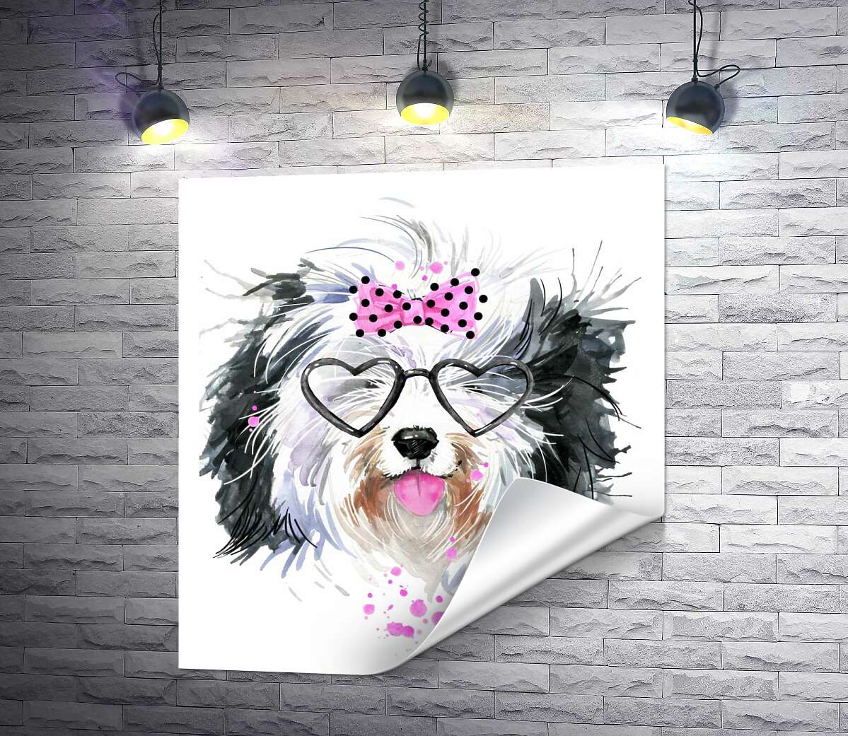 печать Черно-белая собака в очках и с бантиком