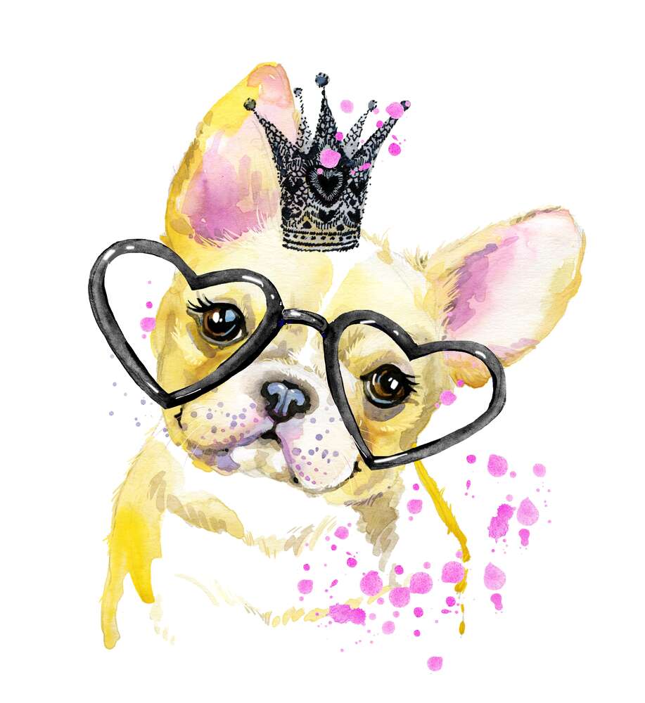 картина-постер Рудий бульдог в окулярах та з короною зацікавлено дивиться