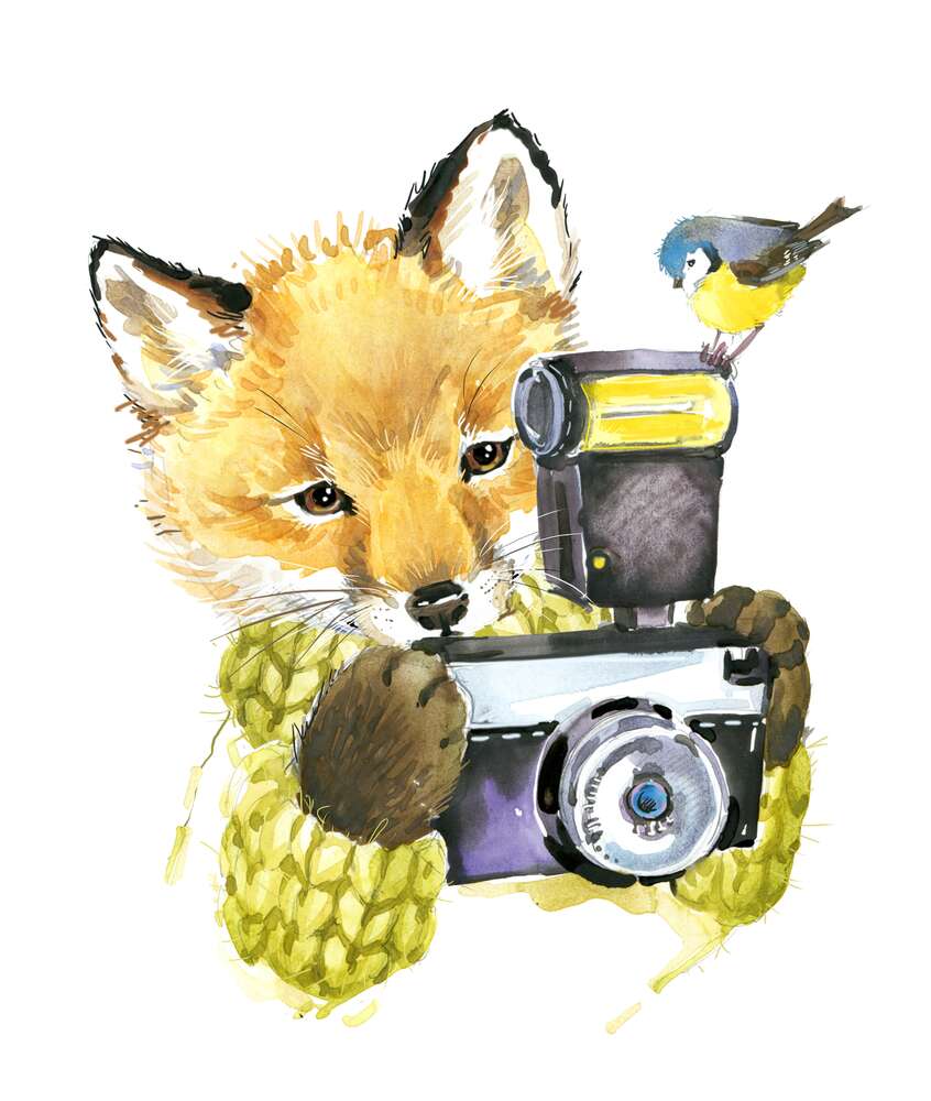 картина-постер Синица села на фотоаппарат рыжей лисы