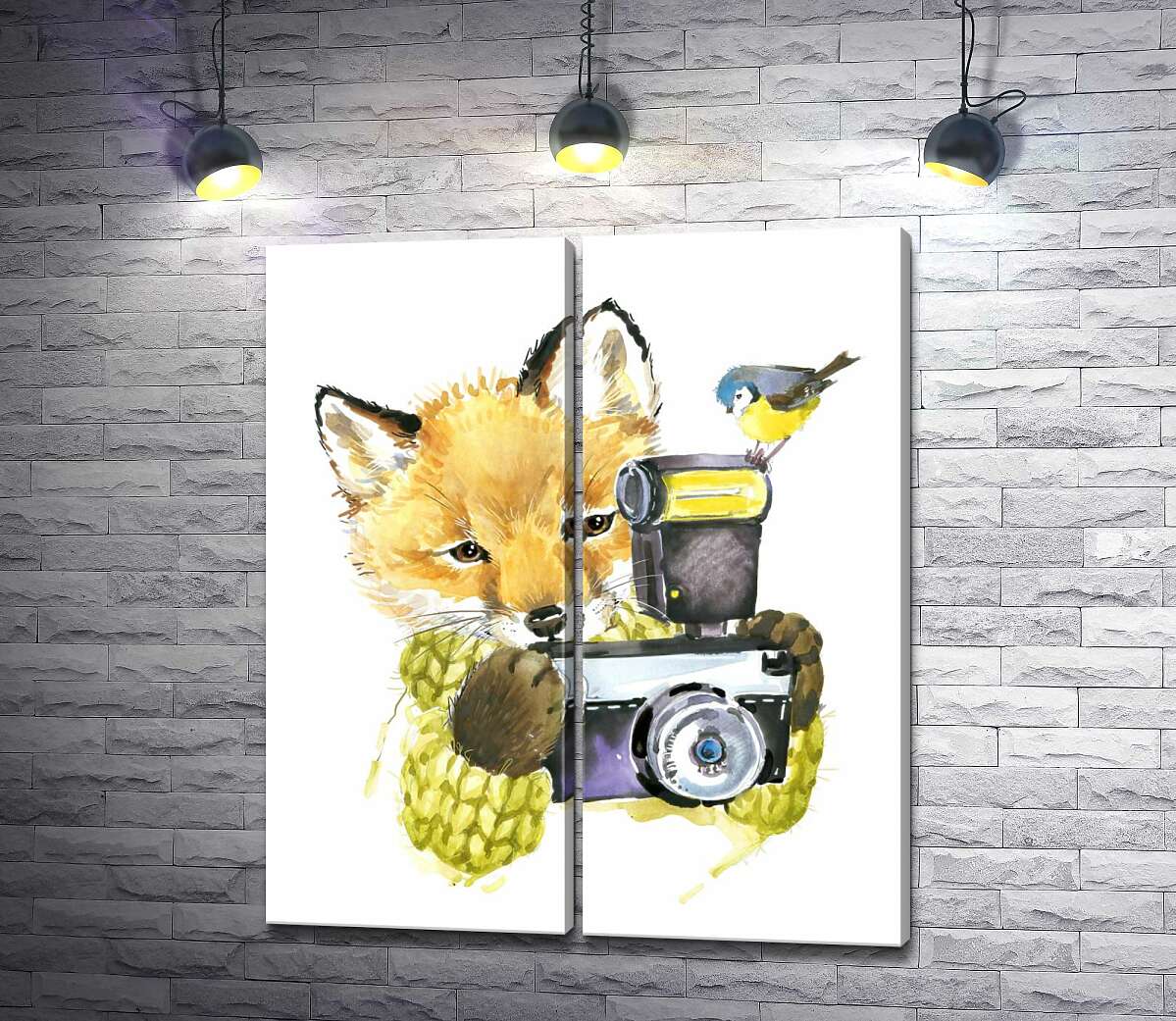 модульная картина Синица села на фотоаппарат рыжей лисы