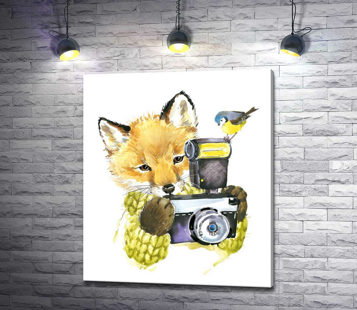 картина Синица села на фотоаппарат рыжей лисы