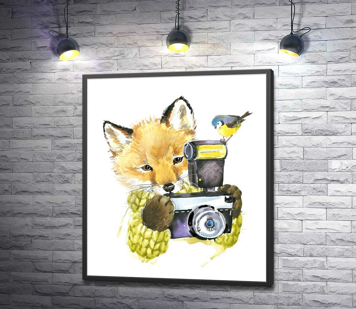 постер Синица села на фотоаппарат рыжей лисы
