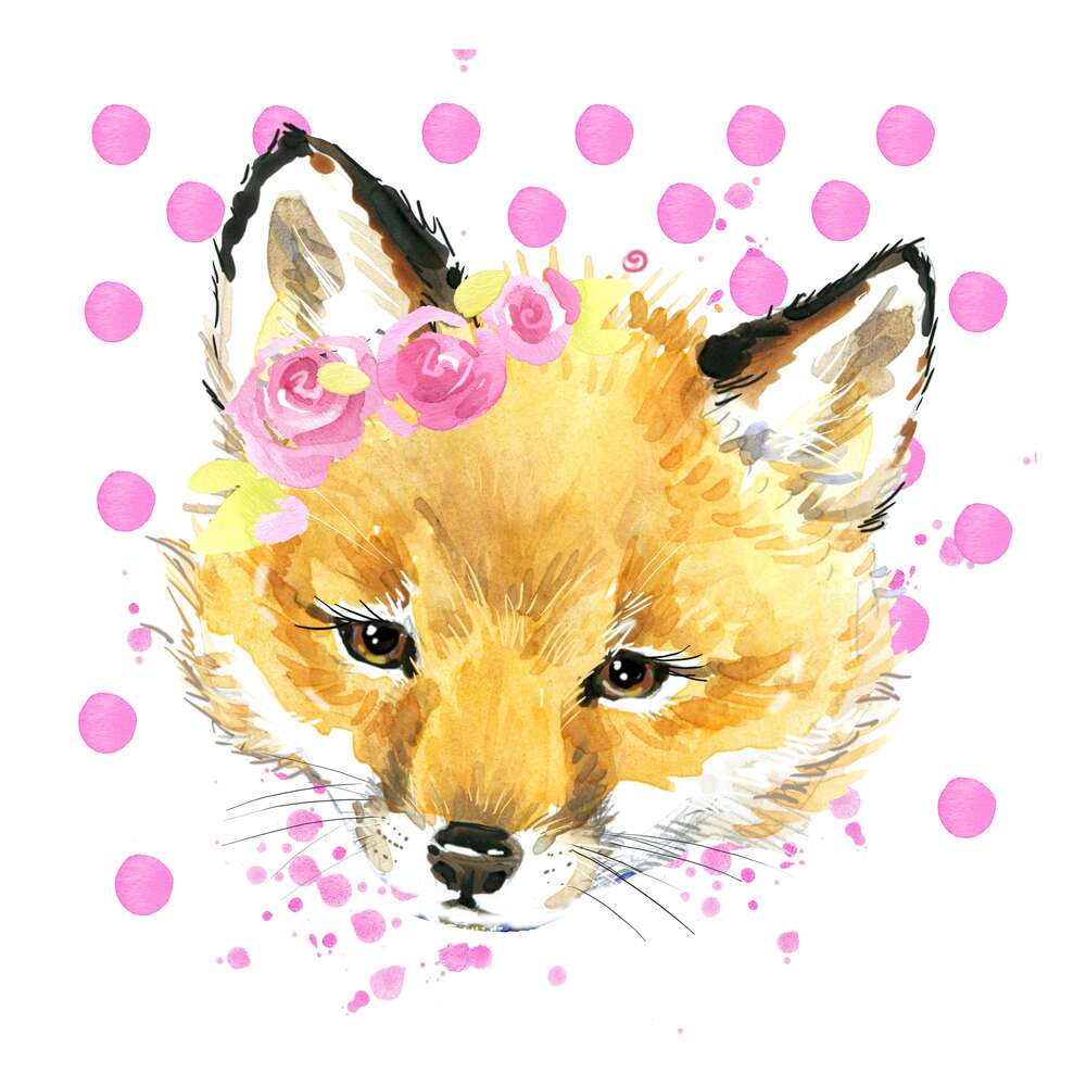 картина-постер Рыжая лисичка с розами возле уха