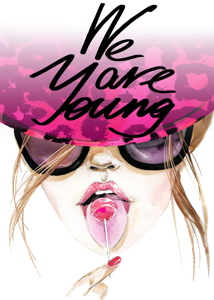 картина-постер Девушка с леденцом в розовой шляпе с надписью "we are young"