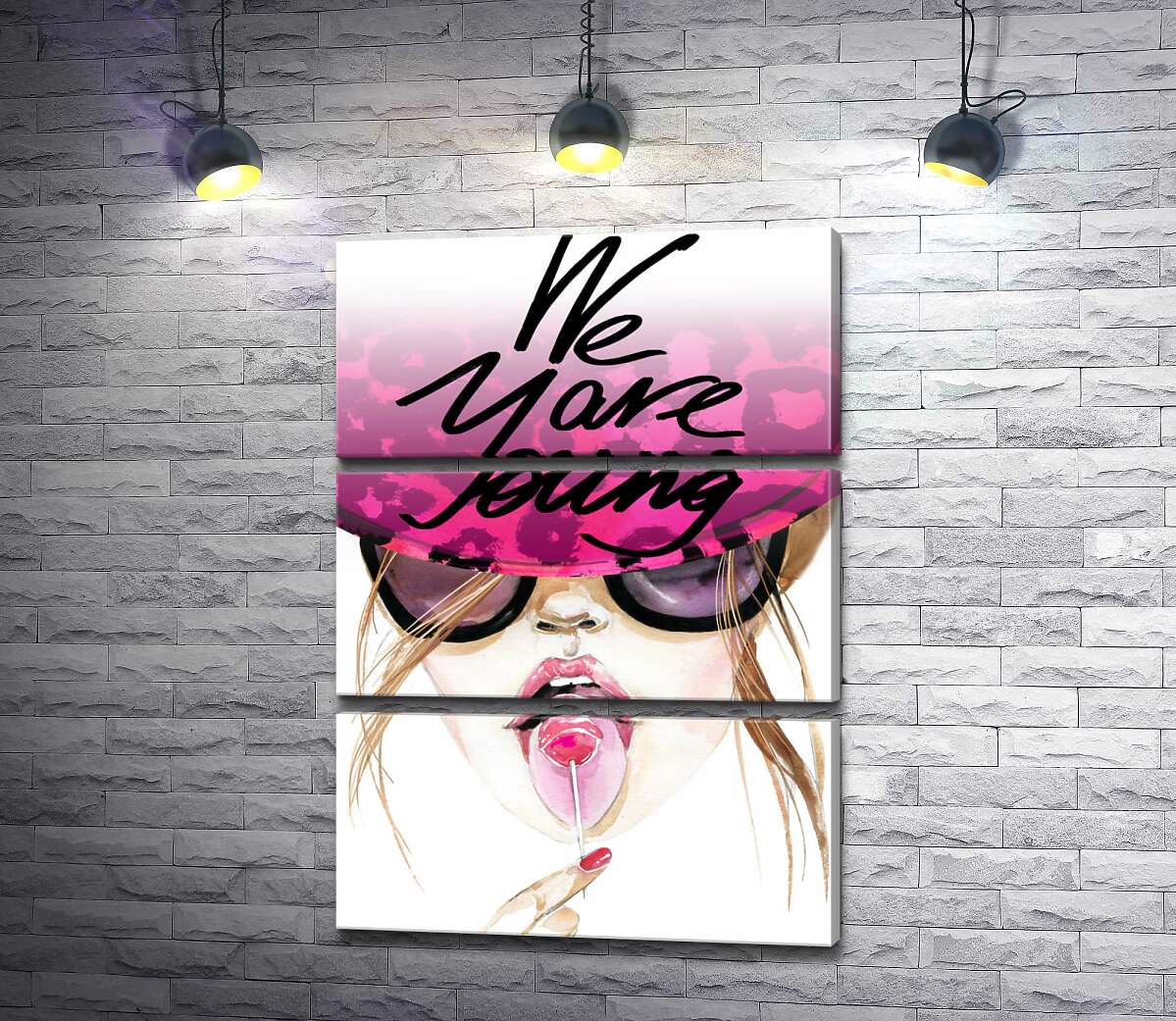 модульная картина Девушка с леденцом в розовой шляпе с надписью "we are young" (Модуль №15)