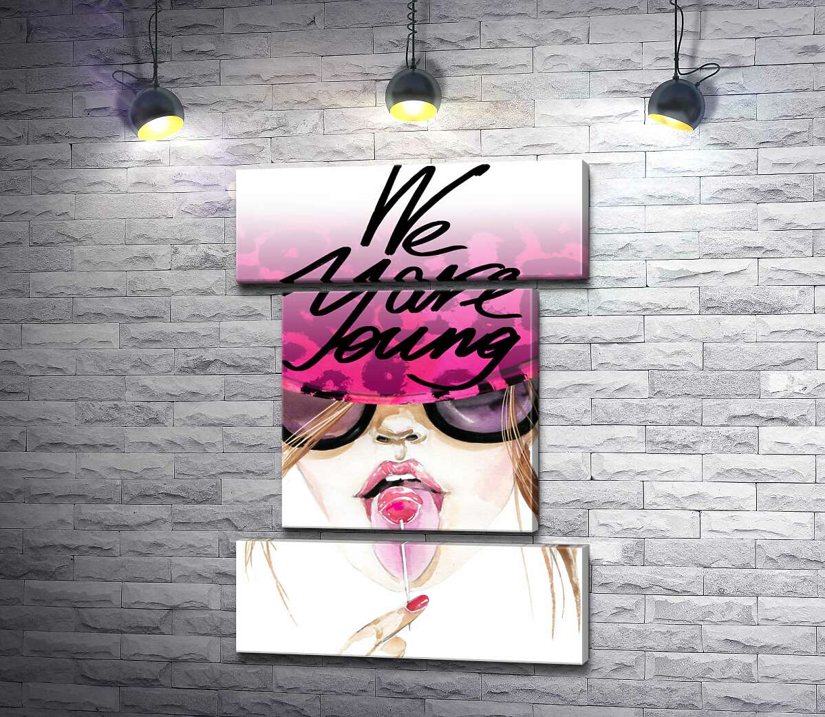 модульная картина Девушка с леденцом в розовой шляпе с надписью "we are young" (Модуль №18)