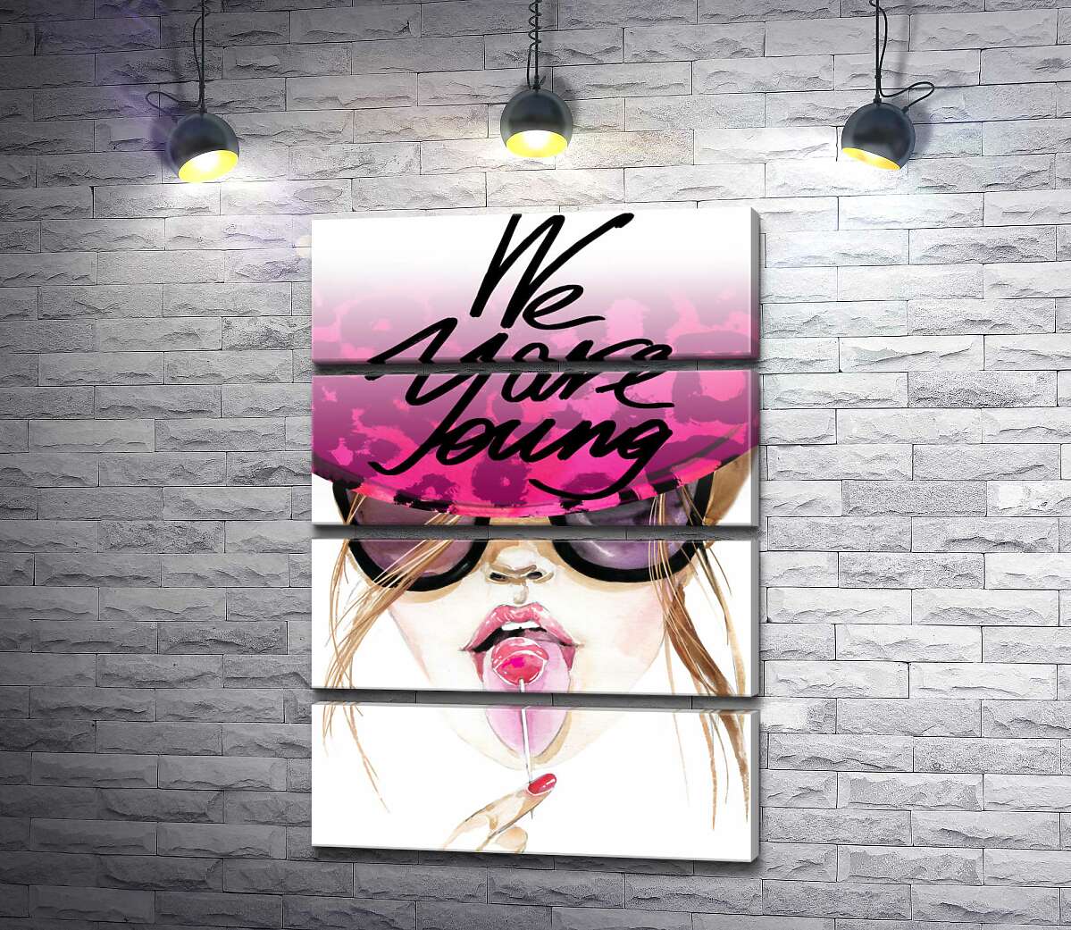 модульная картина Девушка с леденцом в розовой шляпе с надписью "we are young" (Модуль №22)
