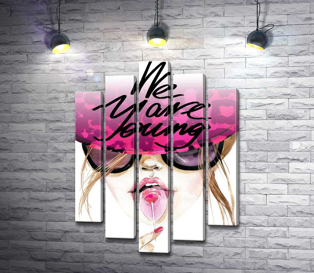 модульна картина Дівчина з льодяником в рожевій шляпі з написом "we are young" (Модуль №4)
