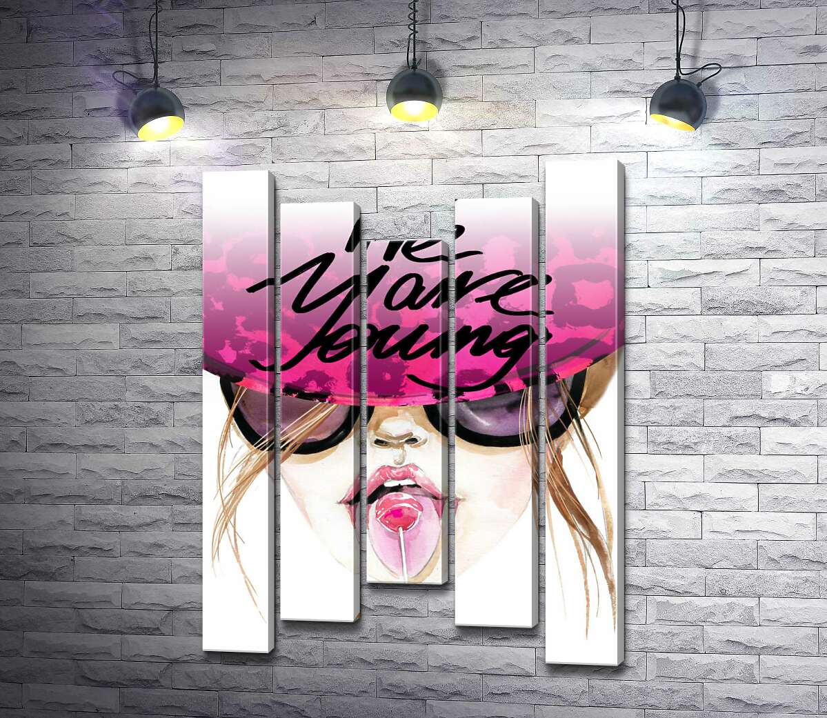 модульная картина Девушка с леденцом в розовой шляпе с надписью "we are young" (Модуль №27)