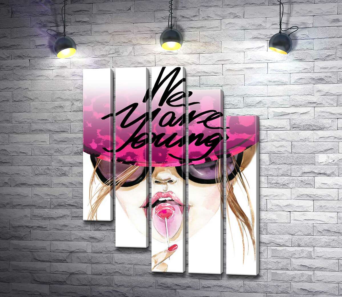 модульная картина Девушка с леденцом в розовой шляпе с надписью "we are young" (Модуль №28)