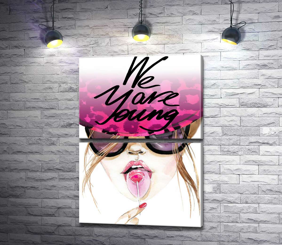 модульна картина Дівчина з льодяником в рожевій шляпі з написом "we are young" (Модуль №7)