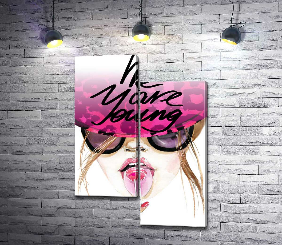 модульная картина Девушка с леденцом в розовой шляпе с надписью "we are young" (Модуль №9)
