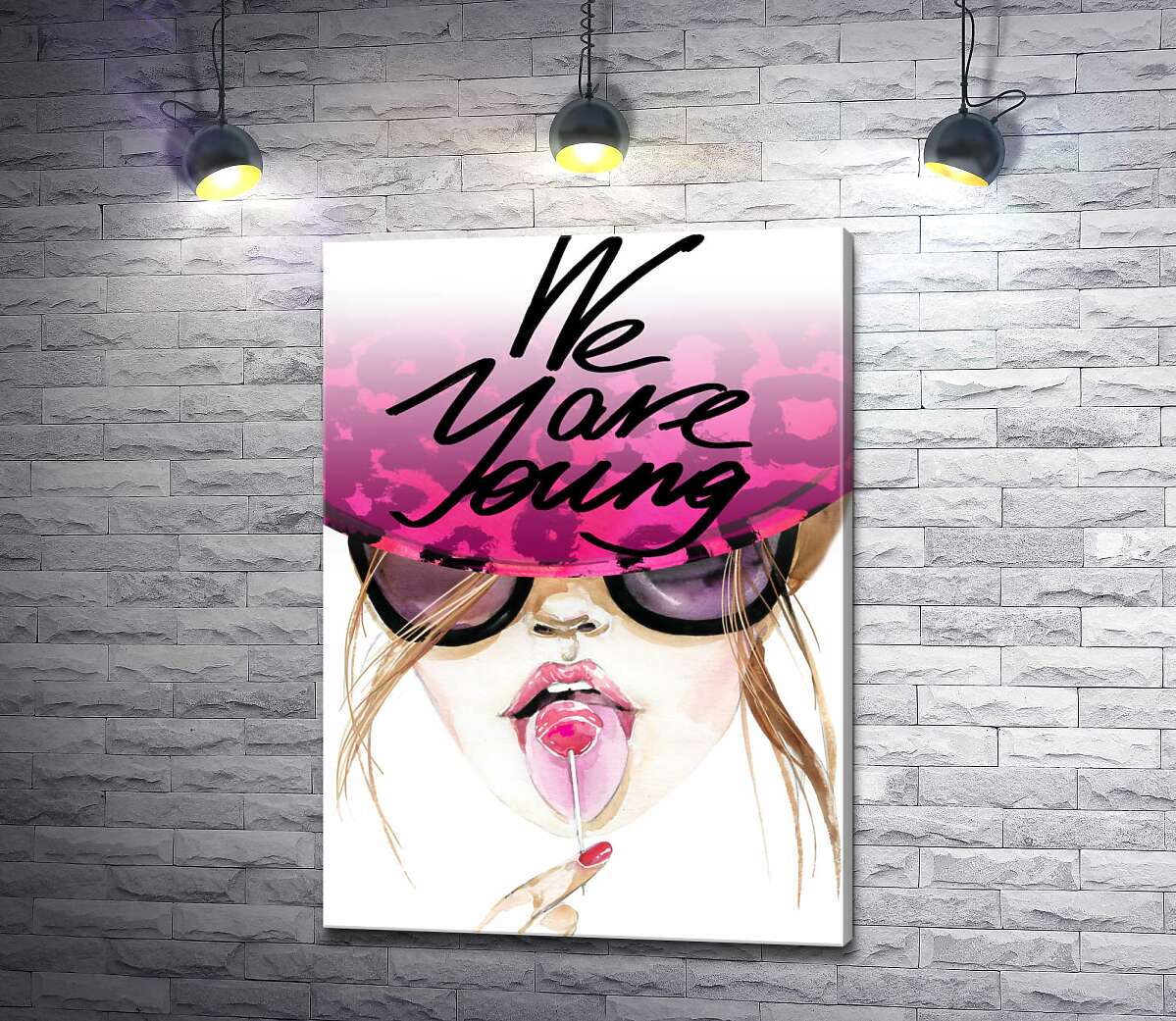 картина Девушка с леденцом в розовой шляпе с надписью "we are young"