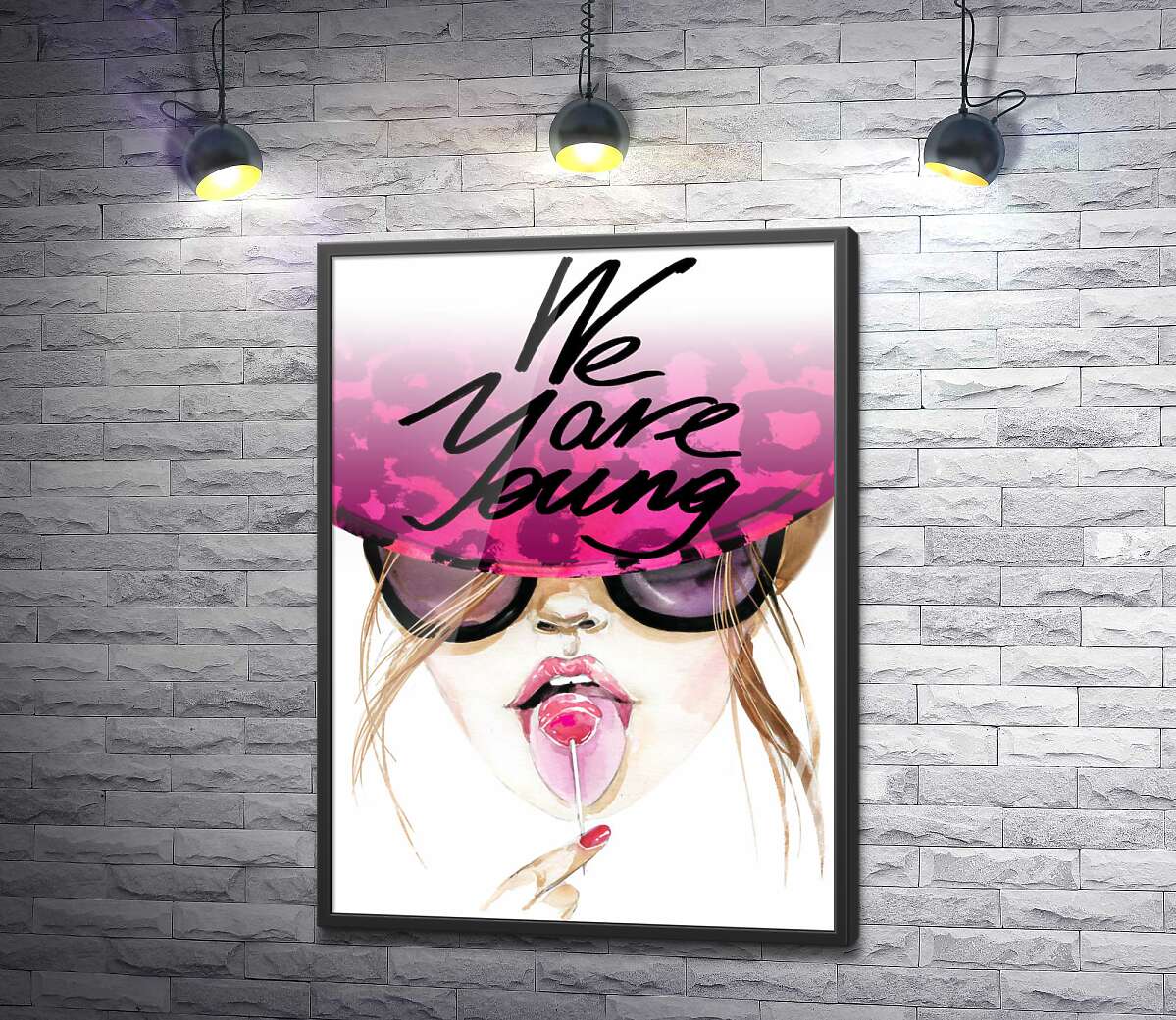 постер Девушка с леденцом в розовой шляпе с надписью "we are young"