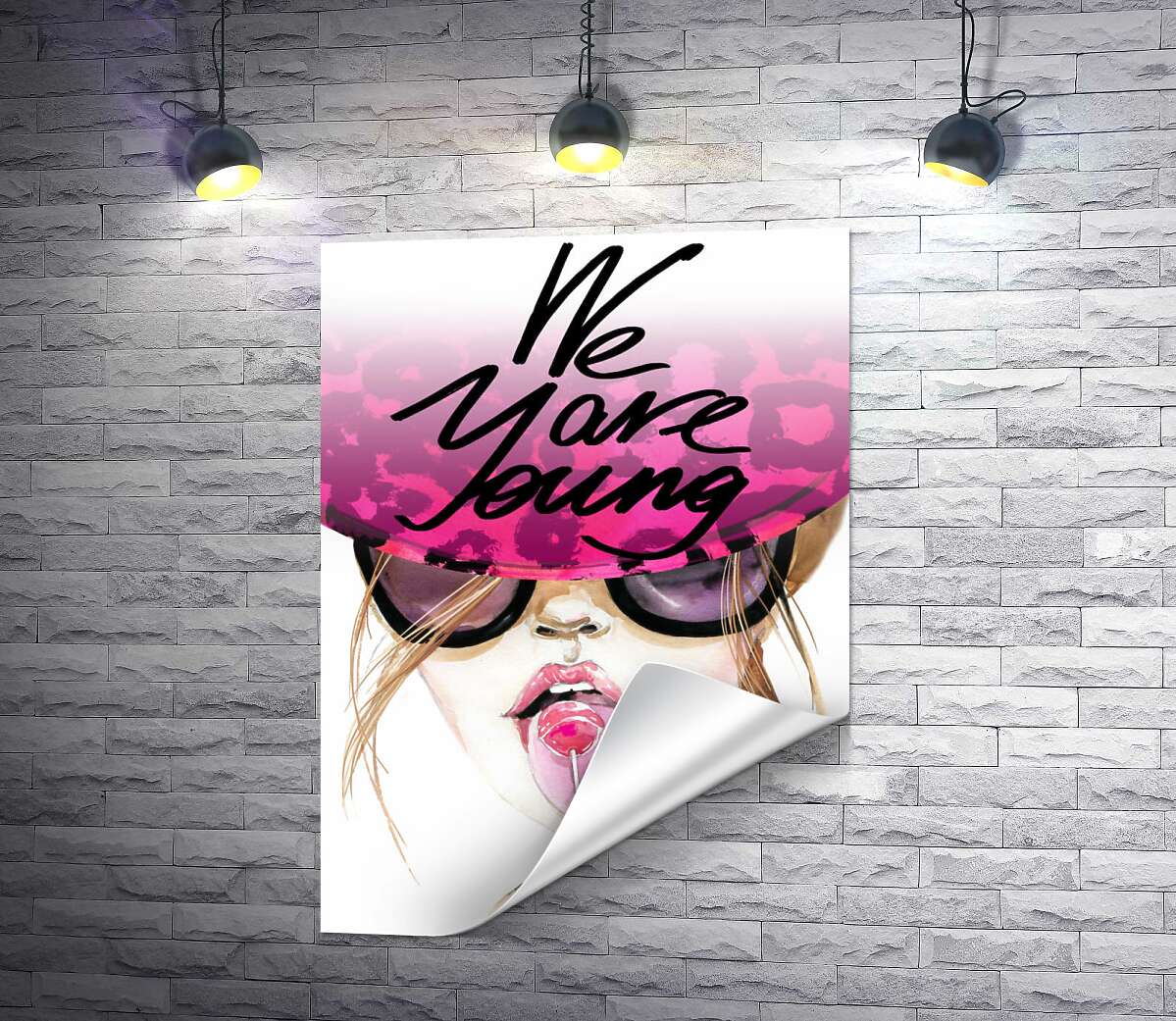 друк Дівчина з льодяником в рожевій шляпі з написом "we are young"