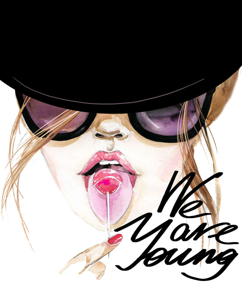 картина-постер Девушка с леденцом в черной шляпе с надписью "we are young"
