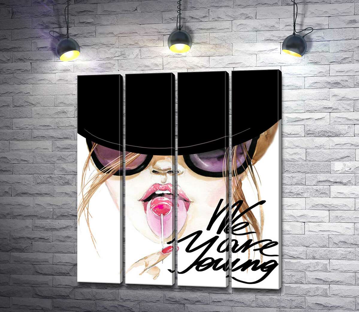 модульна картина Дівчина з льодяником у чорній шляпі з написом "we are young" (Модуль №24)