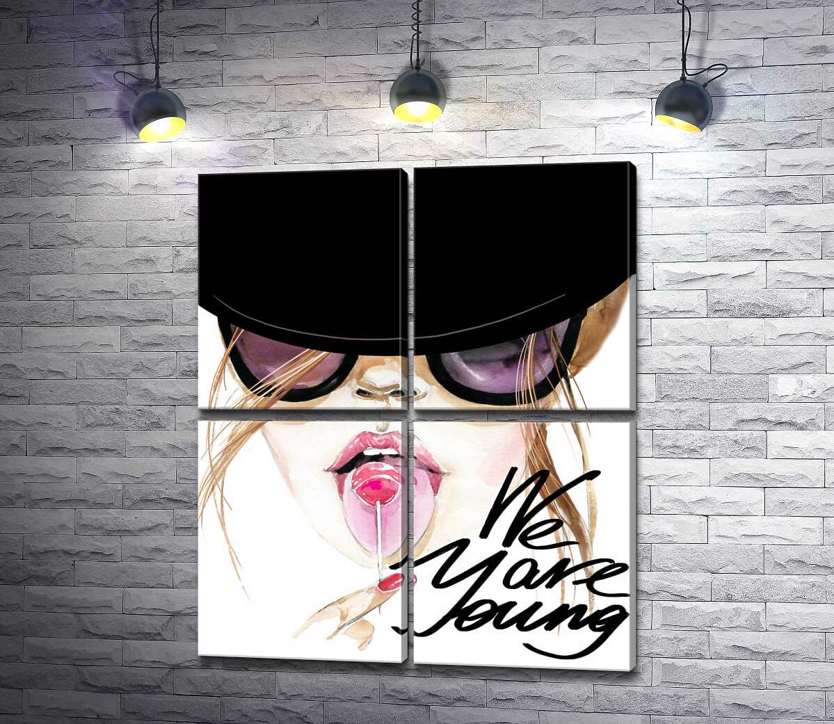 модульная картина Девушка с леденцом в черной шляпе с надписью "we are young" (Модуль №25)