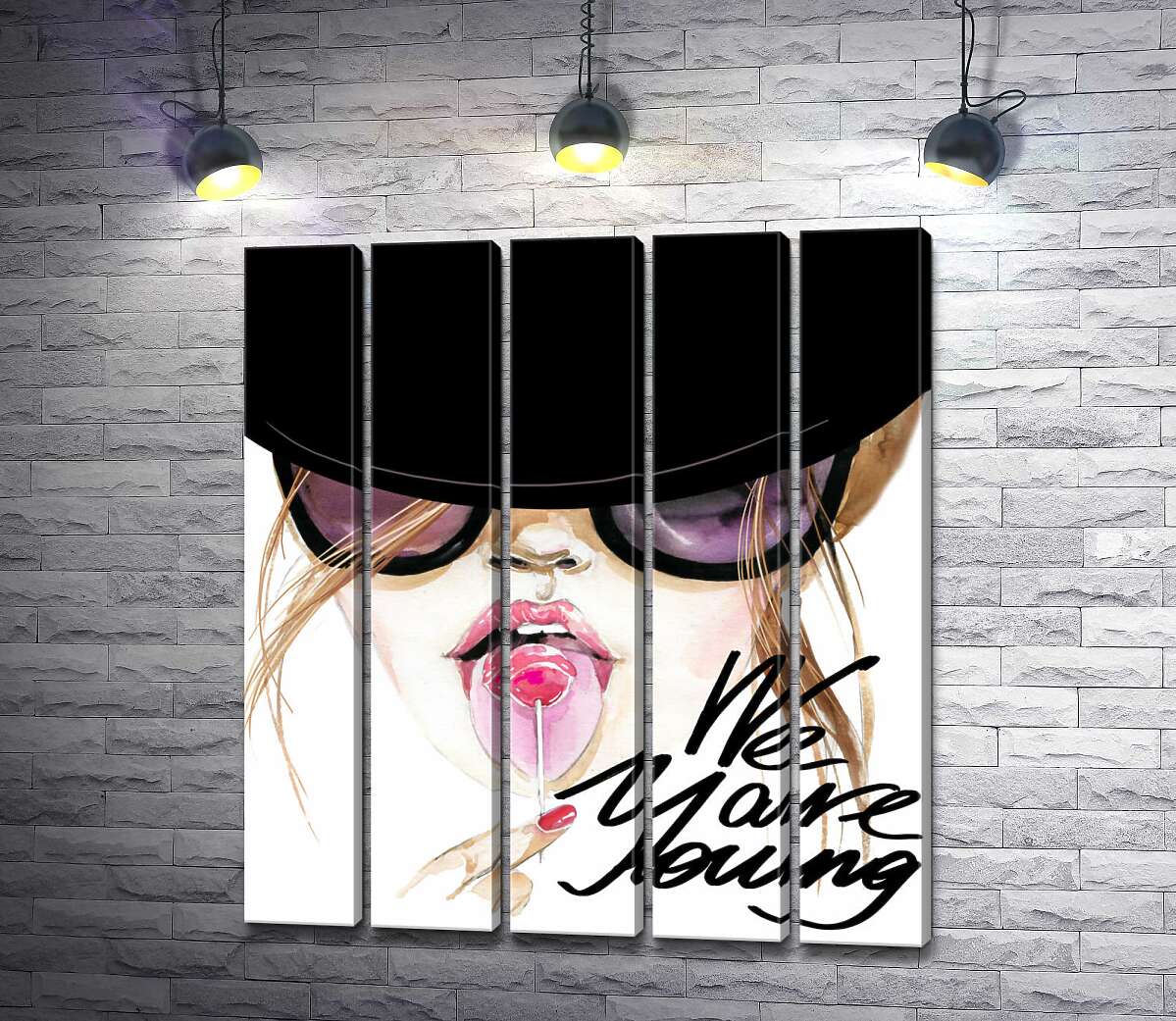 модульна картина Дівчина з льодяником у чорній шляпі з написом "we are young" (Модуль №26)