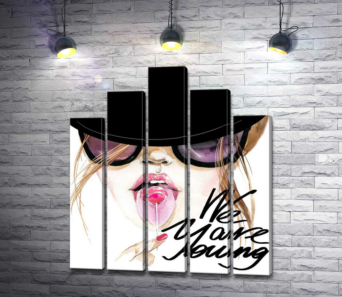 модульная картина Девушка с леденцом в черной шляпе с надписью "we are young" (Модуль №29)