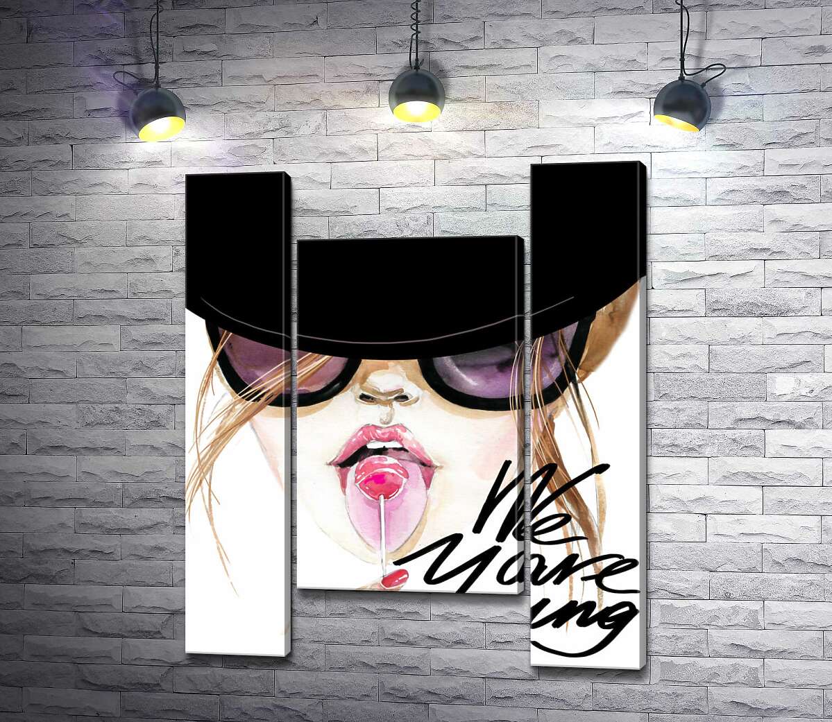 модульная картина Девушка с леденцом в черной шляпе с надписью "we are young" (Модуль №11)