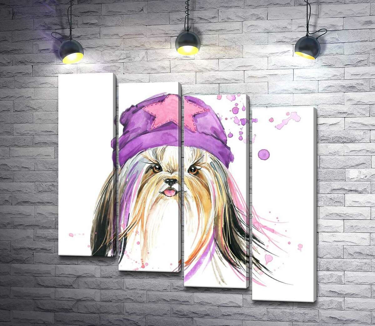 модульная картина Модница собака с розовой шерстью и фиолетовой шапкой (Модуль №19)