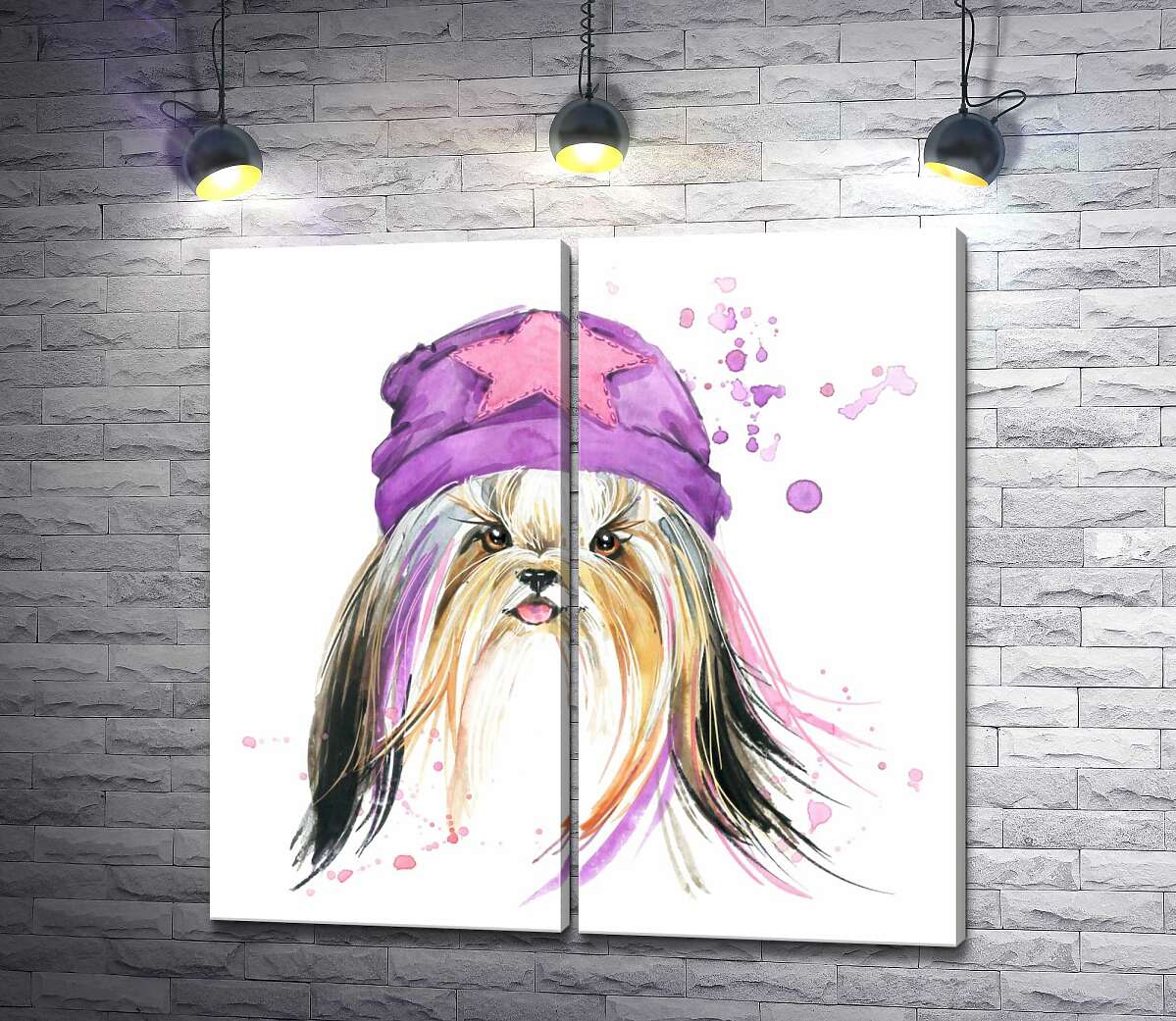 модульная картина Модница собака с розовой шерстью и фиолетовой шапкой
