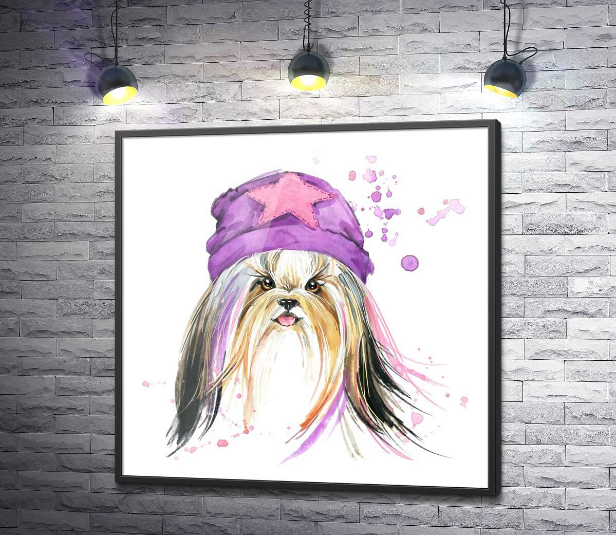 постер Модница собака с розовой шерстью и фиолетовой шапкой