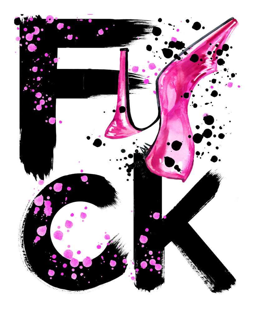 картина-постер Розовая туфелька повисла на черном слове "fuck"