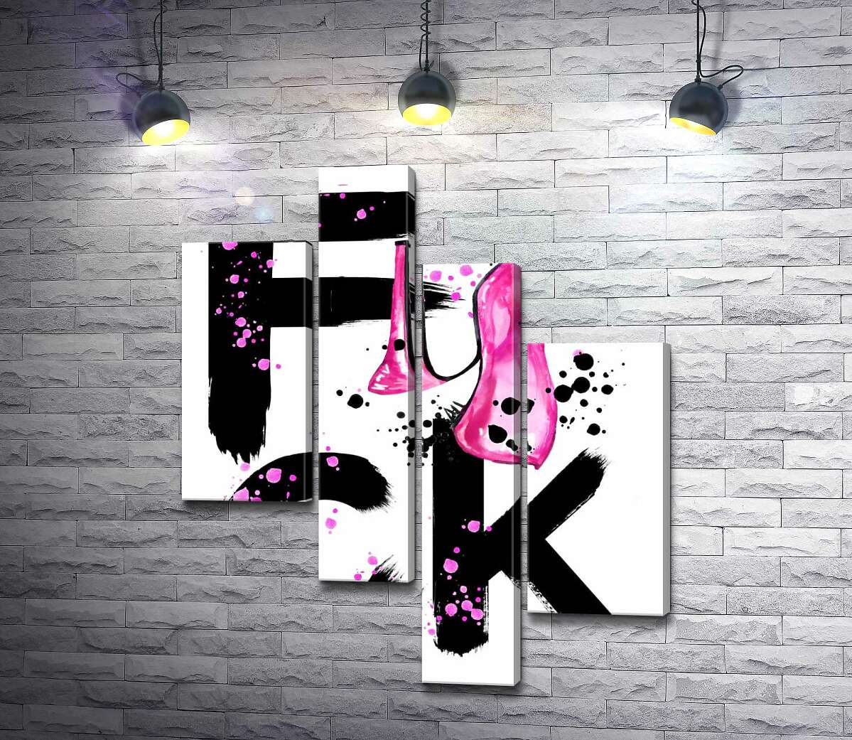 модульная картина Розовая туфелька повисла на черном слове "fuck" (Модуль №21)