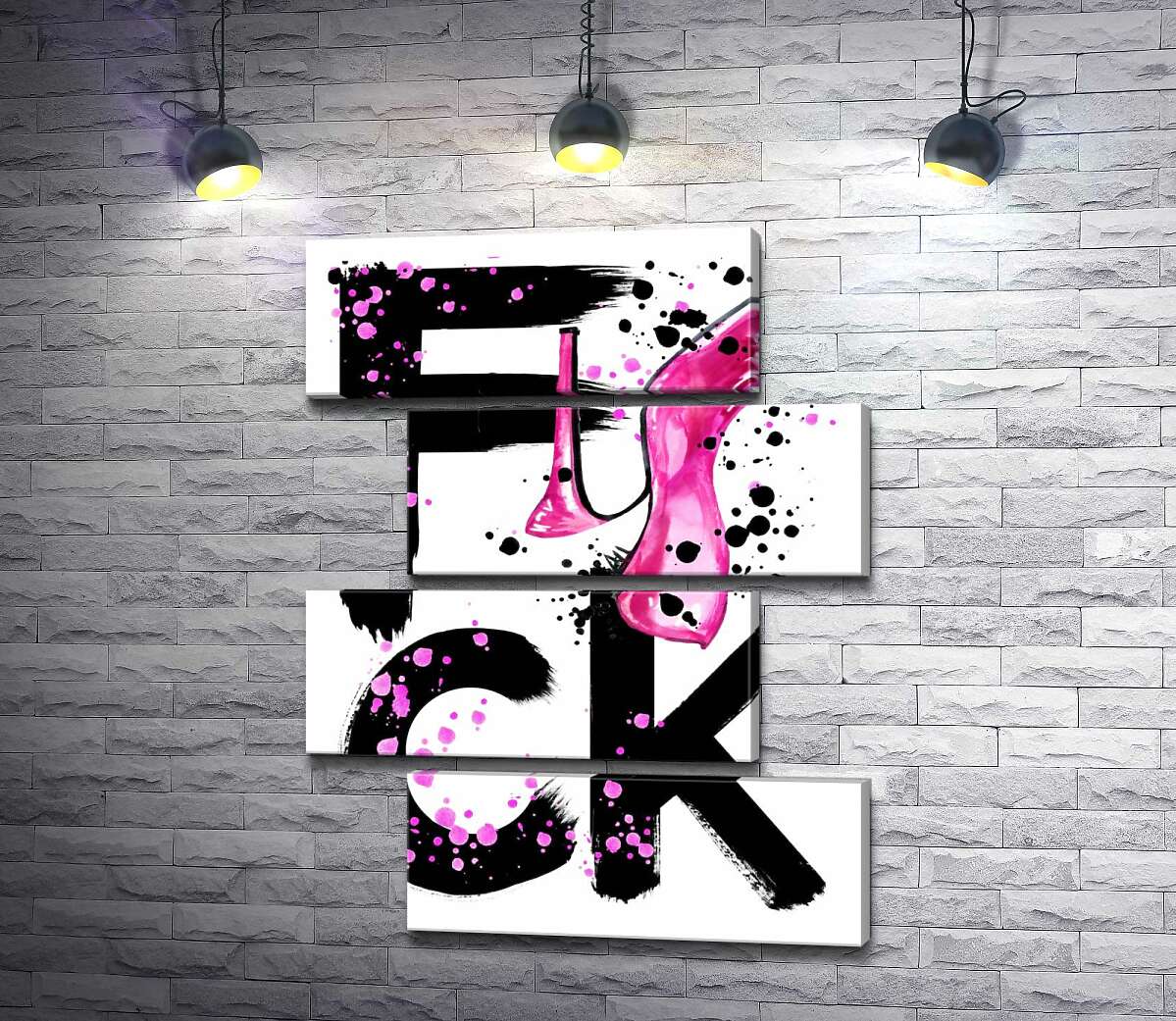 модульная картина Розовая туфелька повисла на черном слове "fuck" (Модуль №23)