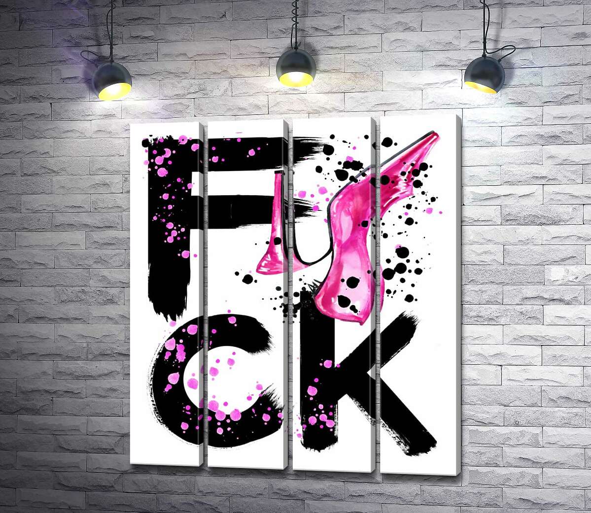модульная картина Розовая туфелька повисла на черном слове "fuck" (Модуль №24)