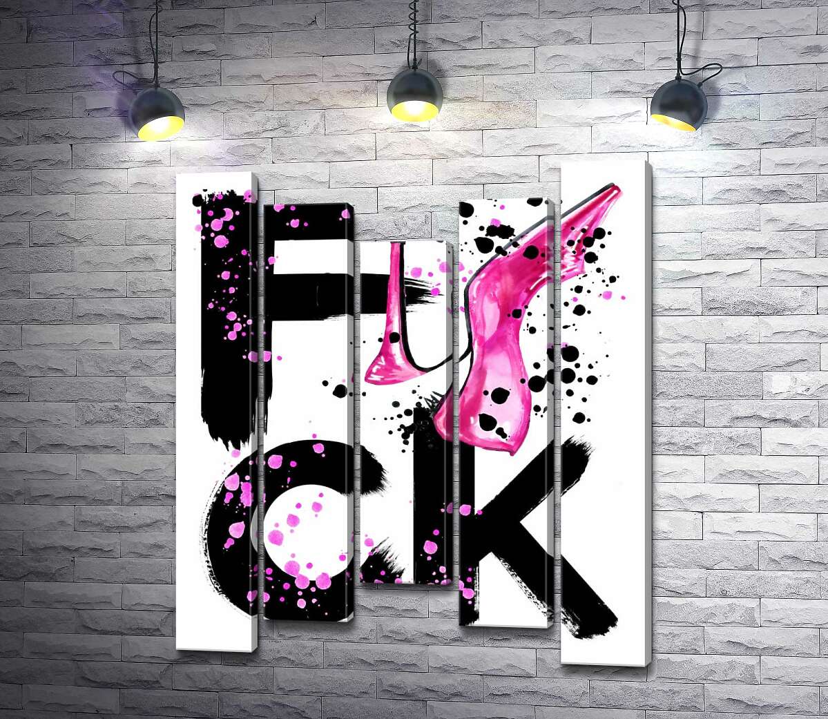модульна картина Рожева туфелька повисла на чорному слові "fuck" (Модуль №27)