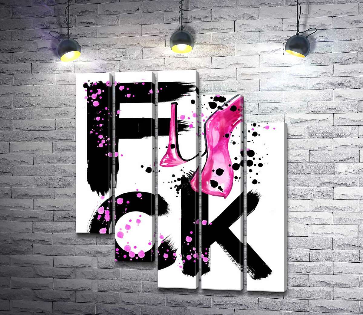 модульная картина Розовая туфелька повисла на черном слове "fuck" (Модуль №28)