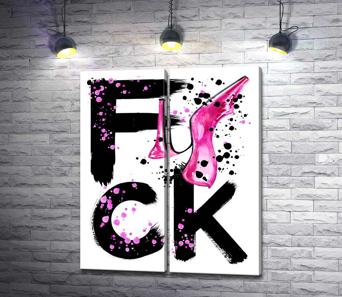 модульна картина Рожева туфелька повисла на чорному слові "fuck"