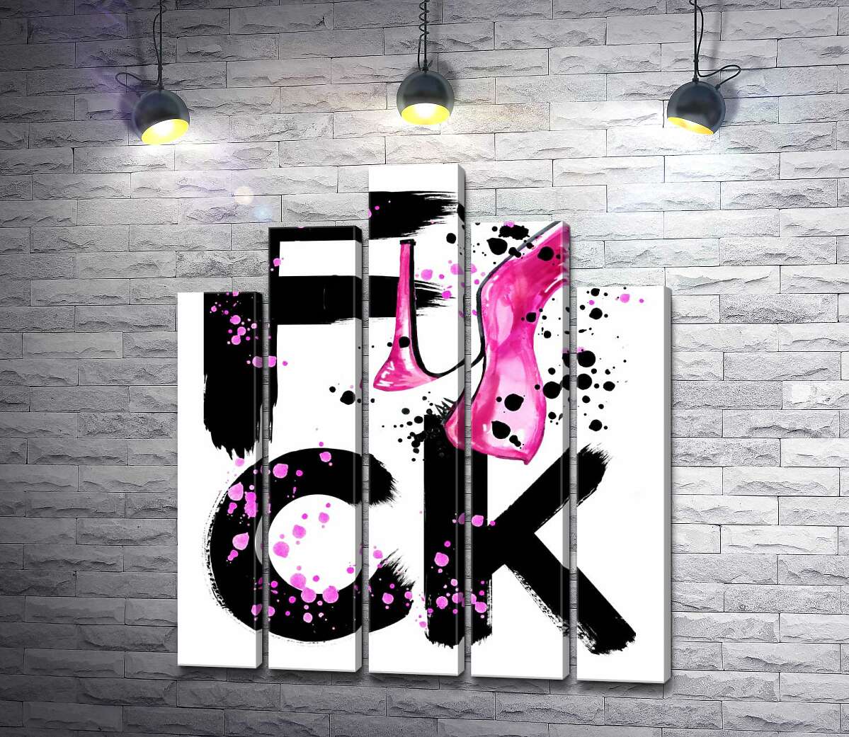 модульна картина Рожева туфелька повисла на чорному слові "fuck" (Модуль №29)