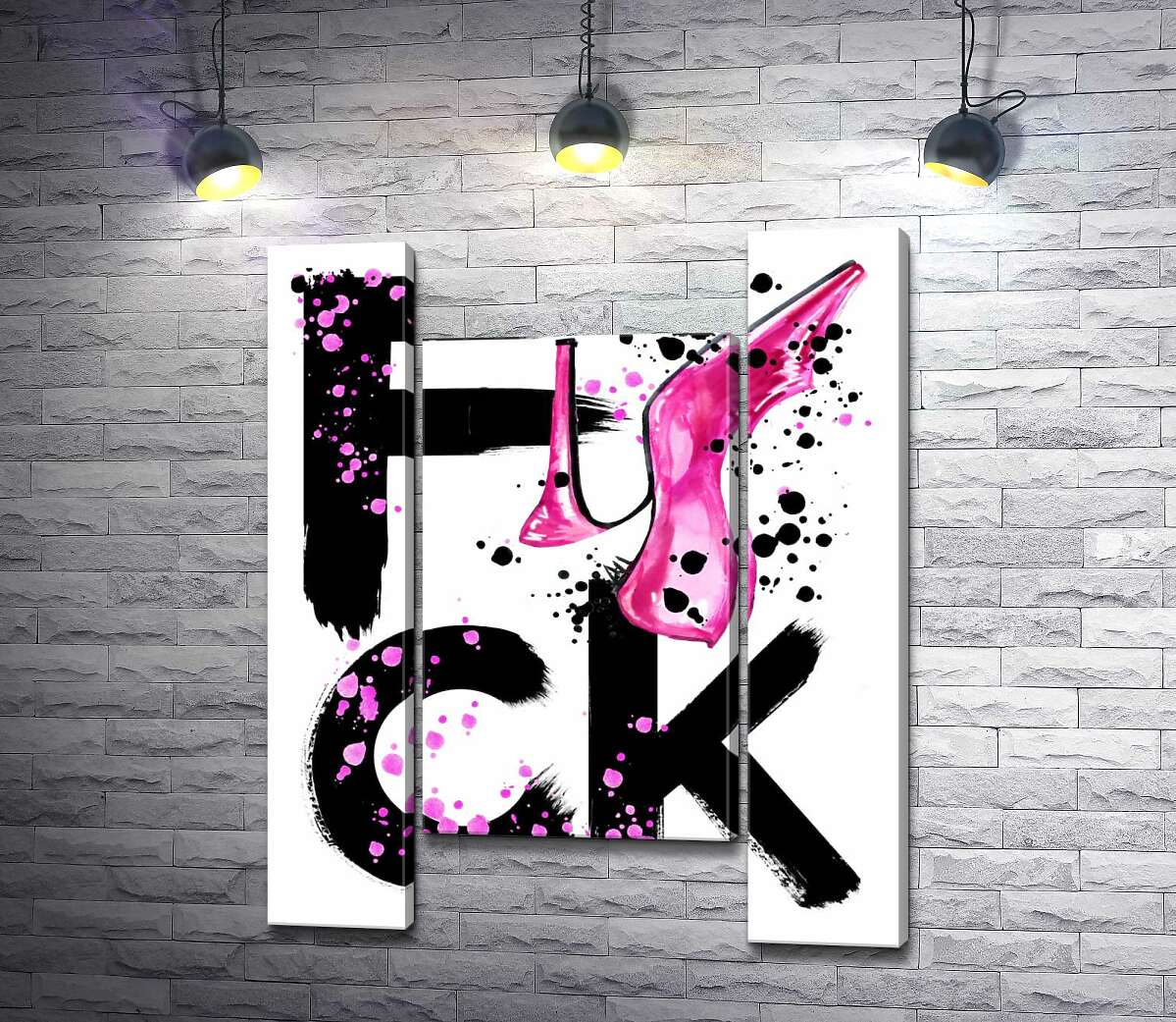 модульна картина Рожева туфелька повисла на чорному слові "fuck" (Модуль №11)