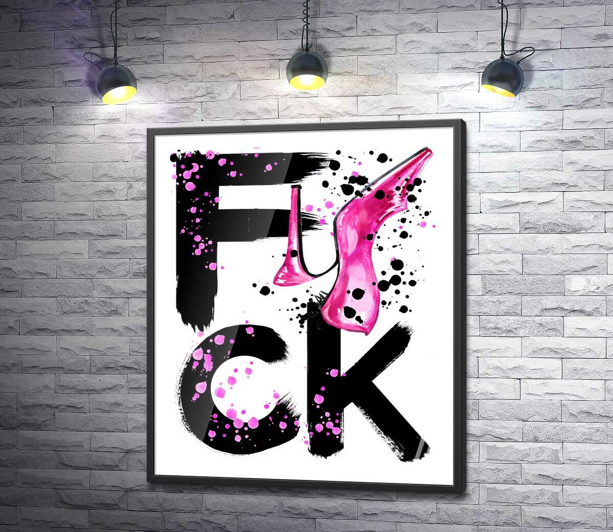 постер Рожева туфелька повисла на чорному слові "fuck"