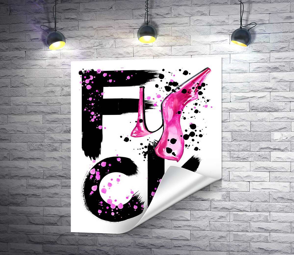 печать Розовая туфелька повисла на черном слове "fuck"