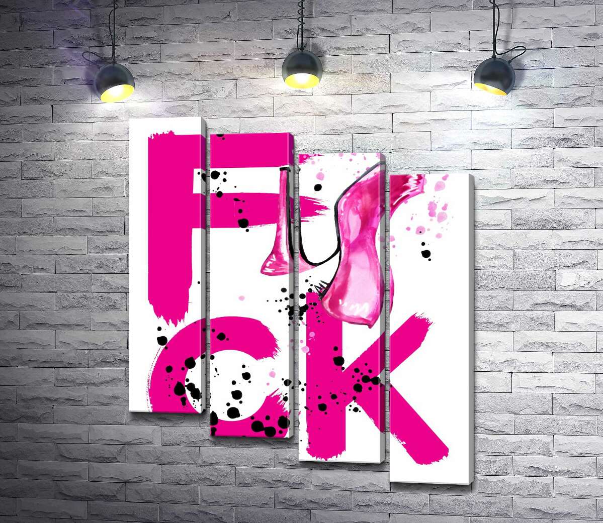 модульная картина Туфля повисла на розовом слове "fuck" (Модуль №19)